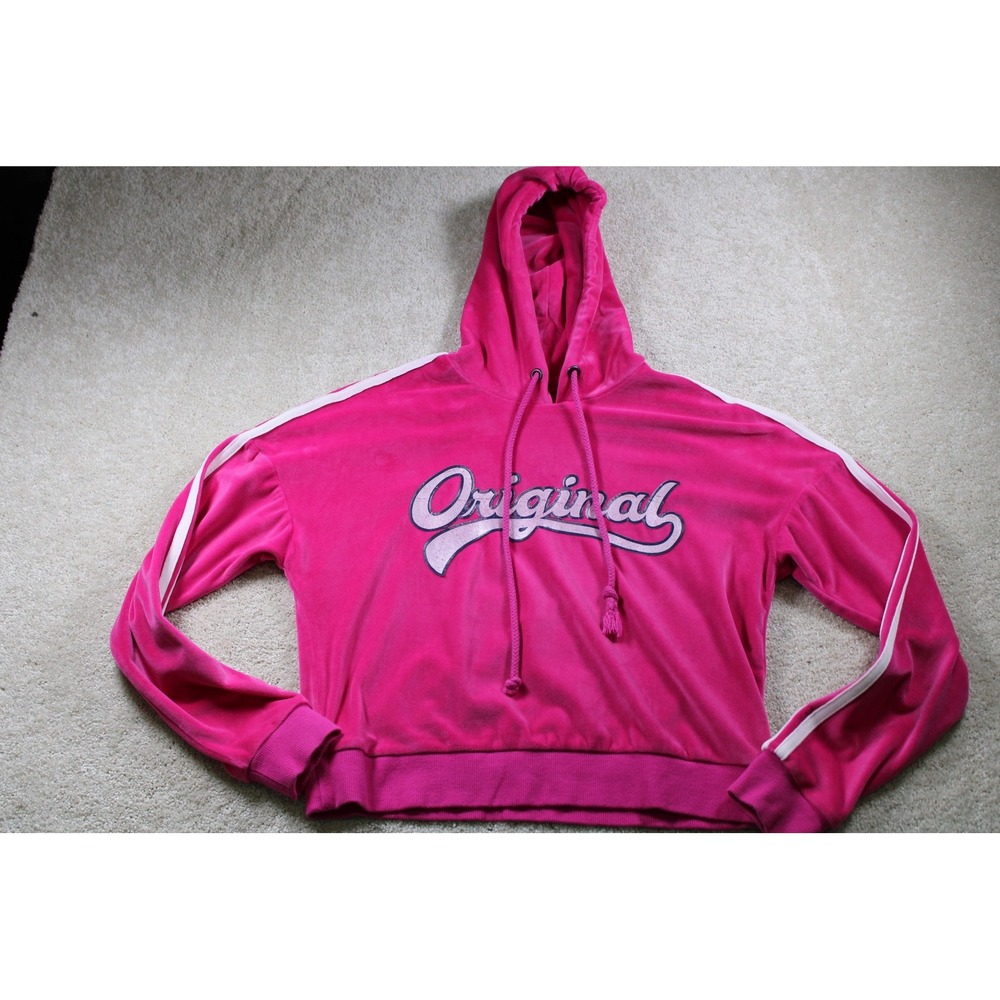 No Boundaries‎ Hoodie Womens Medium Pink Original Velour Pullover Cropped Retro